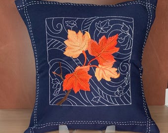 Japanese Sashiko Leaves Maple Embroidered Pillow