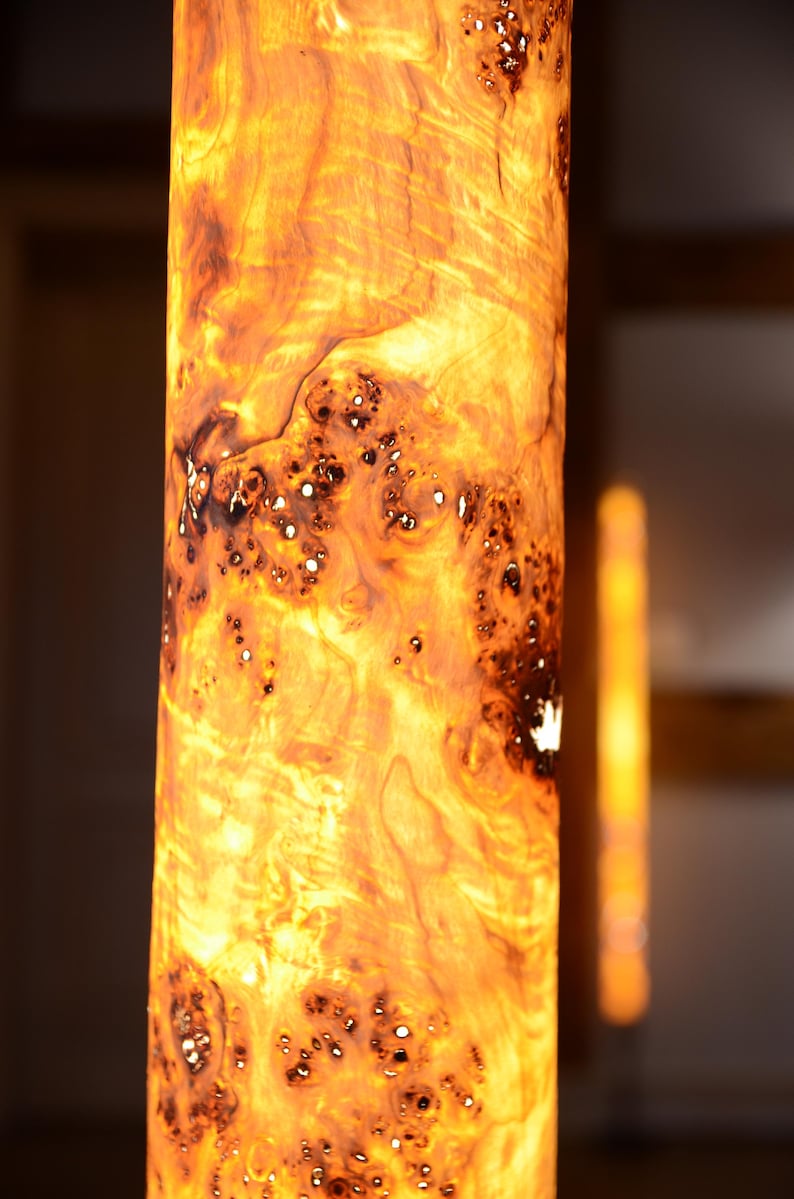 May include: A cylindrical floor lamp featuring a translucent, glowing amber-colored wood veneer with a prominent burl grain pattern. The light shines through the natural wood texture, highlighting dark, swirling knots and golden organic patterns.