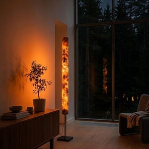 May include: A tall, cylindrical floor lamp with a glowing, marbled orange and brown resin shade. The lamp features a slender black metal pole and a square black base, emitting a warm, ambient light that illuminates the surrounding wall.