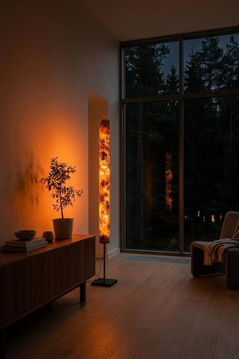 May include: A tall, cylindrical floor lamp with a glowing, marbled orange and brown resin shade. The lamp features a slender black metal pole and a square black base, emitting a warm, ambient light that illuminates the surrounding wall.