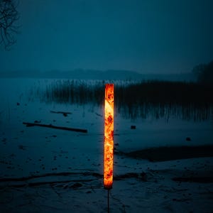 May include: A tall, cylindrical floor lamp featuring a warm, glowing orange and amber wood grain pattern. The lamp is mounted on a thin, dark metal rod attached to a square base, emitting a bright, vertical column of light in a dark environment.
