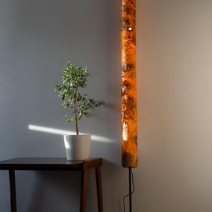 May include: A tall, cylindrical floor lamp featuring a glowing, translucent amber resin body embedded with dark, textured wood burl sections. The lamp is supported by a thin black metal pole and a square base, emitting a warm, diffused light.
