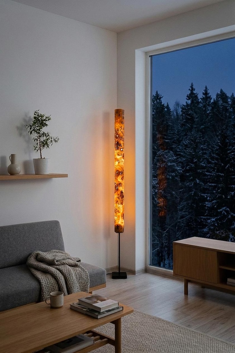 Golden Mara – Handmade Wooden Floor Lamp 175 cm, Modern Organic / Mid Century Tall Lamp, Warm Light for Living Room, Office or Bedroom image 14