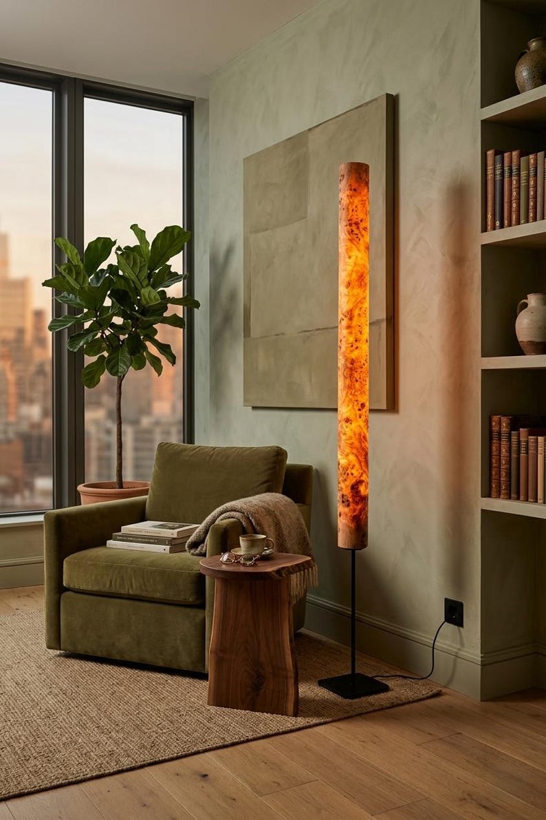 May include: A tall, cylindrical floor lamp featuring a warm, glowing light source encased in a textured, amber-toned wood burl veneer. The lamp is supported by a slender black metal pole and a square black base, standing upright on a floor.