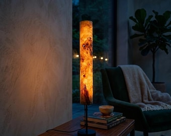Handmade Wooden Table Lamp – Golden Mara Tall 88 cm Poplar Burl Lamp, Mid Century Modern Lighting for Bedroom, Living Room or Office