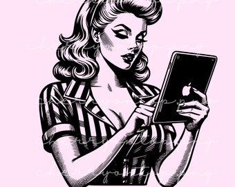 Mujer retro PNG / Mujer pinup retro de moda SVG para uso comercial / Mujer leyendo PNG / Bookish Svg / Pinup Mujer Diseño de camiseta / Verano png