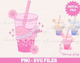 Boba Queen PNG | Boba Tea SVG | Bubble Tea Design | Trendy Shirt Design | Pink PNG | Retro png For Small Business | Tea png | Coffee png
