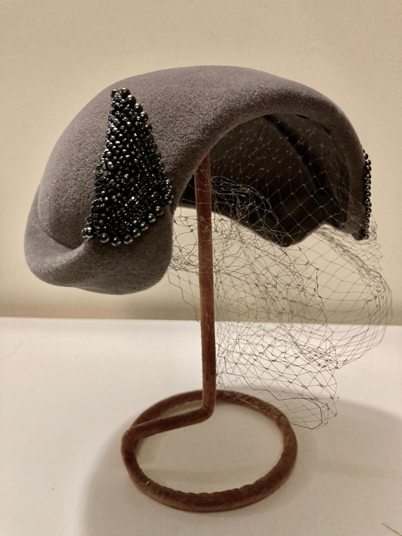 Lovely Vintage Schiaparelli Grey Wool Hat with Bea