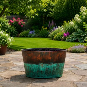 Copper Planter, Verdigris Patina Flower Pot, Rustic Garden Bowl Planter, Large Outdoor Copper Planter for Patio, Porch and Backyard Decor