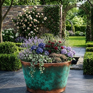Copper Planter Bowl, Green Patina Flower Pot, Large Rustic Garden Container for Outdoor Plants, Patio, Porch, Courtyard and Backyard Decor