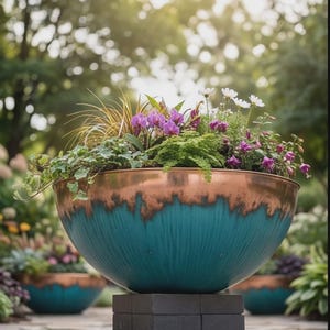 Round Hammered Copper Bowl Planter, Blue Patina Garden Planter, Large Outdoor Flower Pot for Patio, Courtyard,Rustic Garden Decor