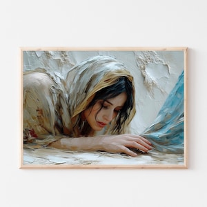 Puede incluir: Una impresión artística enmarcada que presenta a una mujer con cabello oscuro y un tocado, renderizada en un estilo pictórico. La obra de arte utiliza una paleta de colores apagados con tonos beige, crema y azul. La mujer se representa en una pose contemplativa, con la cabeza inclinada.