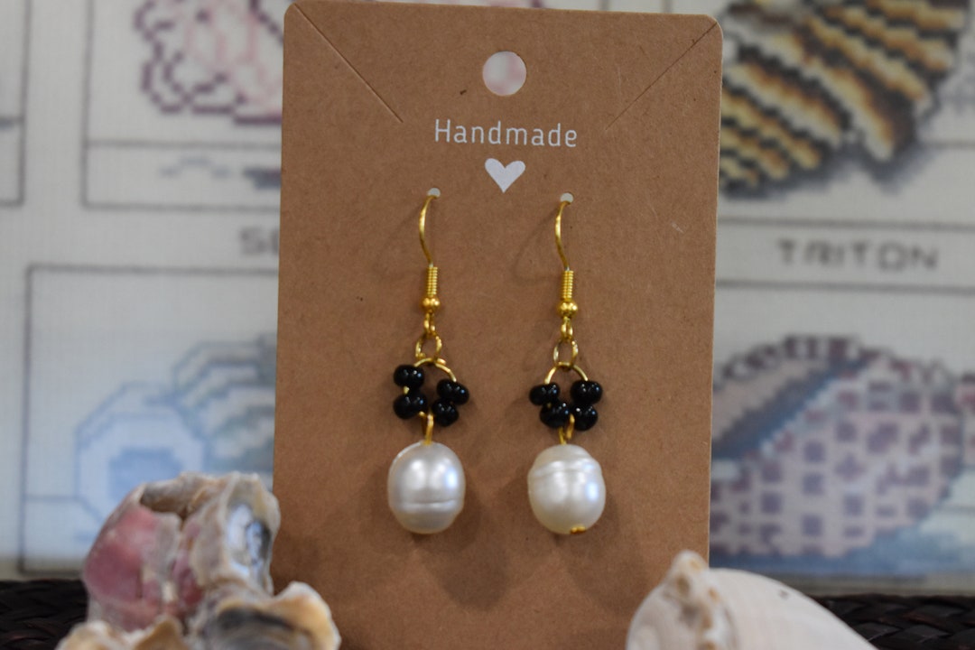 Black Bead & Pearl Drop Earrings - Etsy