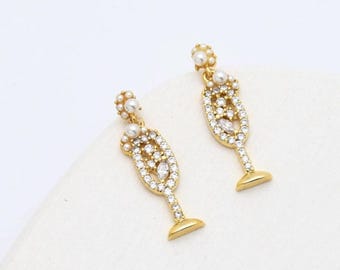 Pearl Champagne Glass Earrings: Gold Dipped CZ Bubbly Earrings