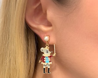 Nutcracker and Mouse King Earrings, Enamel Nutcracker Earrings, Holiday Earrings, Mismatched Earrings, Festive Earrings, Dangle Earrings