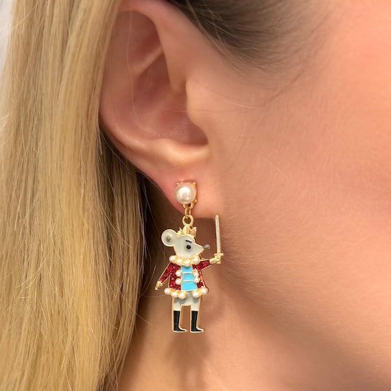 Nutcracker and Mouse King Earrings, Enamel Nutcracker Earrings, Holiday Earrings, Mismatched Earrings, Festive Earrings, Dangle Earrings