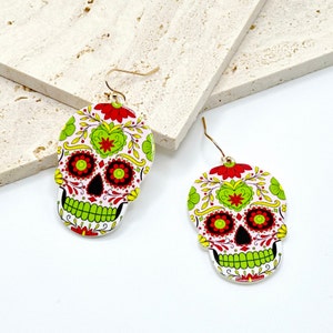 Pendientes de calavera de azúcar, pendientes de calavera, pendientes del Día de los Muertos, pendientes del Día de los Muertos, pendientes colgantes de Halloween