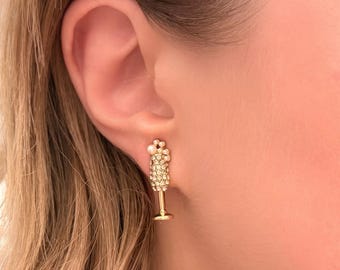 Pavé Champagne Stud Earrings, Gold Champagne Flute Earrings, Sparkly Bubbly Studs, New Years Jewelry, Bridesmaid Gift, Holiday Party Earring