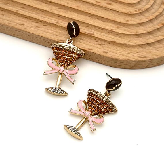 Espresso Martini Earrings: Glass Stone Cocktail Dangle Stud Earrings