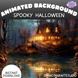 Puede incluir: Un fondo animado que presenta una escena de Halloween espeluznante con una casa en el bosque, un lago y calabazas talladas. El texto "Animated Background Spooky Halloween" está en la parte superior de la imagen. El texto "Instant Download" está en un círculo en la parte inferior de la imagen.