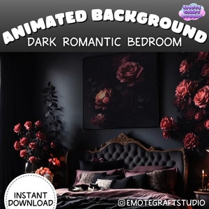 Puede incluir: Fondo animado de dormitorio romántico oscuro con una cabecera capitoné negra, una mesita de noche negra con velas y una gran pintura floral. La habitación está decorada con rosas rojas y un gato negro está durmiendo en la cama.