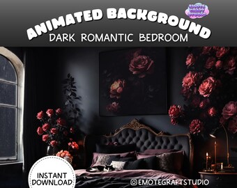 Animowane tło Vtuber dla Twitch, przytulna sypialnia Lofi, bezszwowe tło pętli, animowane tło Zoom, ciemna romantyczna sypialnia Vtuber