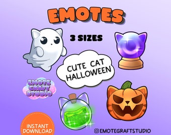 Zestaw 4 emotikonów z motywem kota na Halloween dla Twitch Youtube Discord, słodkie emotikony z motywem ducha kota na Halloween, upiorna grafika streamera sezonu