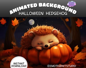 Animowane tło Vtuber, słodka nakładka na strumień Twitch z jeżem na Halloween, wirtualne tło spotkania Zoom, płynne tło pętli Vtuber