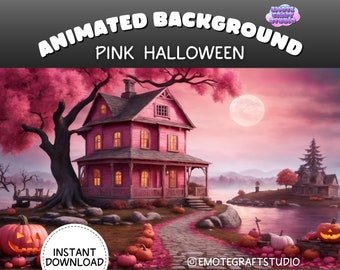 Animowane tło Vtuber, nakładka strumienia Twitch, wirtualne tło spotkania Zoom, nakładka Twitch różowe tło Halloween