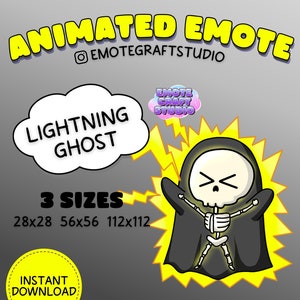 May include: Animated emote of a cartoon ghost with a skeleton inside, being struck by lightning. The ghost is wearing a black robe and has a skull face with an angry expression. The text "Lightning Ghost" is in a speech bubble above the ghost. The text "3 Sizes" is below the ghost, with the sizes listed as 28x28, 56x56, and 112x112. The text "Instant Download" is in a yellow circle below the sizes.