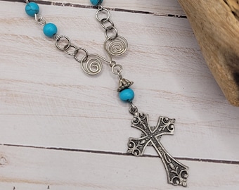Silver Cross Necklace, Wire Wrapped Detail, Necklace for Her