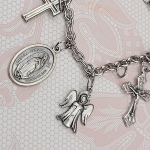 Silver Religious Charm Bracelet, Catholic Medals