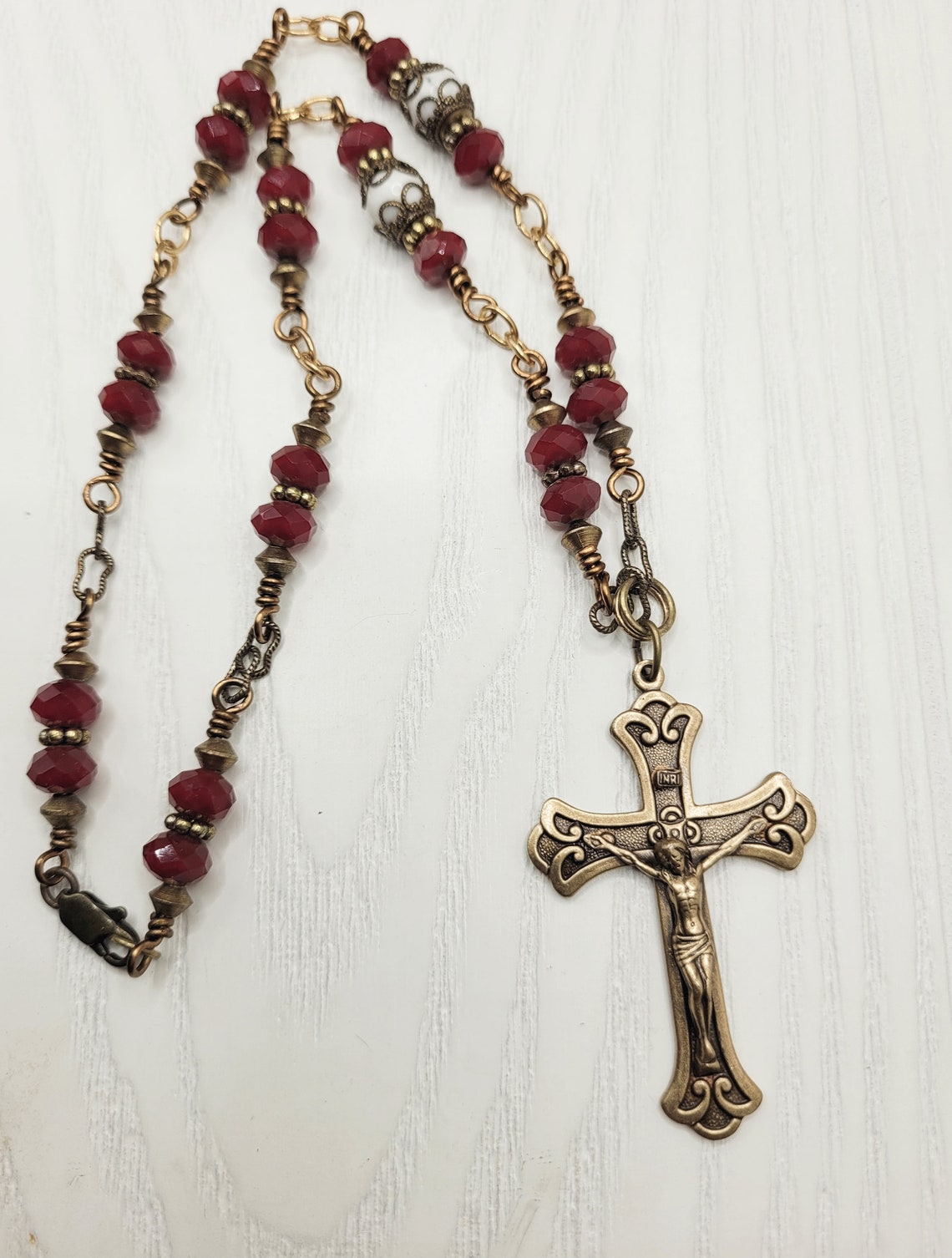 Cross Necklace, Beaded Gold Crucifix Necklace, Red Christian Beaded ...