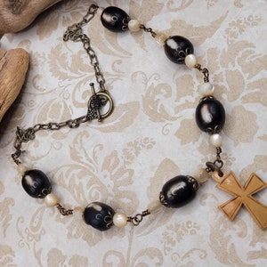 Lacquered Wood Cross Beaded Necklace for Her, Black and White Beads