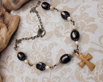 Lacquered Wood Cross Beaded Necklace for Her, Black and White Beads