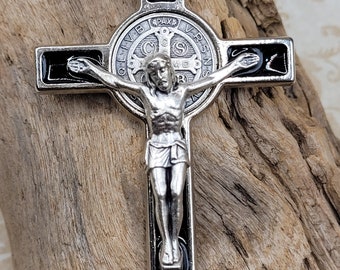 Black and Silver Crucifix, Metal Rosary Crucifix, Pewter and Epoxy