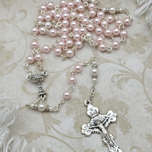 PINK First Communion Rosary for Girl, Swarovski Pearl Rosary