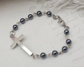 Gray Metal Bead Cross Bracelet: Silver Accent, 6 1/2"