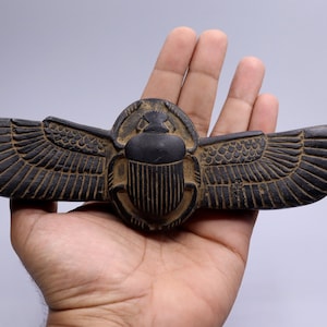 Wings Scarab Egyptian Statue Hieroglyphic Pharaonic Sculpture Antiques Ancient Egypt Handmade Black Stone