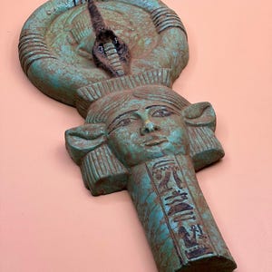 Handmade Egyptian Hathor Goddess Statue Ankh: Green Stone Decor