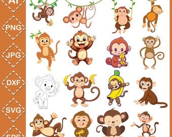 Cute Baby Monkey \ Baby Monkey Svg \ Baby Monkey Clipart \ Monkey Cut File \Sitting Monkey \Monkey Hanging \Baby Monkey PNG Instant Download