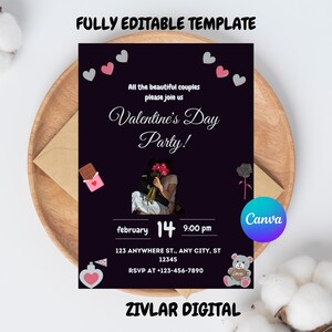 Bewerkbare uitnodiging voor Valentijnsdag / Afdrukbare Valentijnsdag-uitnodigingskaart /Valentijnshart dinerkaart / koppelfeest