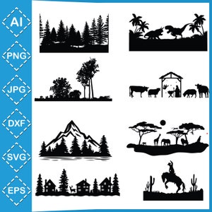 Forest Scene SVG \ Mountain Forest Svg \ Forest Landscape Svg \Forest Silhouette \Woodland Animals Svg \Forest Animals Svg \Nature Scene Svg
