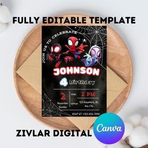 Editable Spidey and His Amazing Friends Birthday Invitation, Printable, Blackboard Superhero Birthday Invite, Kids Spidey Birthday Party