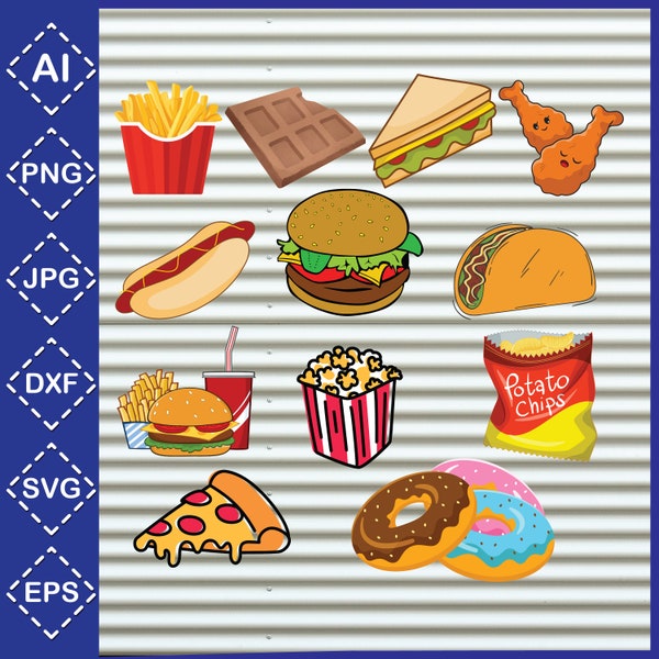 Junk Food Clipart \ Fast food Clipart \ Fast Food SVG \ Fast food Stickers \ Hamburger Png \ Junk Food Cricut \ Instant Download