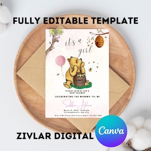 Editable Winnie the Pooh Baby Shower Invitation, Pink Winnie The Pooh Invitation, Digital Invitation Its a Girl, Pooh Printable Template