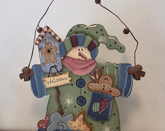 Handpainted Whimsical Primitive Snowman shelf sitter Welcome sign