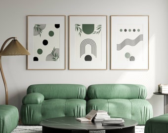 BohoWall Art Prints, Set of 3 Prints, Minimalist Bohemian Style Wall Art, Neutral Modern Wall Art, Digital Download, green, black