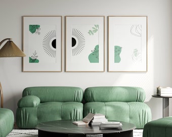 BohoWall Art Prints, Set of 3 Prints, Minimalist Bohemian Style Wall Art, Neutral Modern Wall Art, Digital Download, green, black