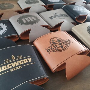Custom Logo Leatherette Beverage Holder, Engraved / Etched Leatherette Can Holder With Your Logo, Personalized